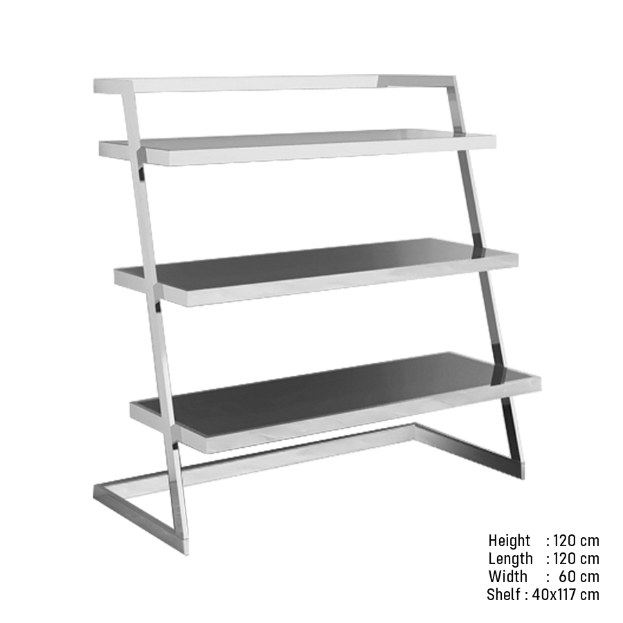 Display Stand, Stainless Steel with 3 Black MDF Shelves