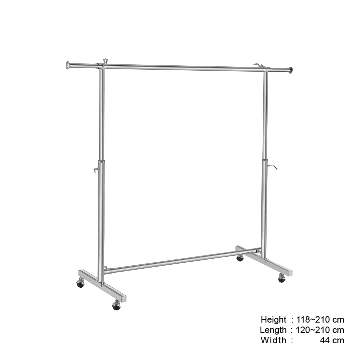 Clothes Rack Stand, Single Rail, Adjustable, Full Chrome, with Wheels