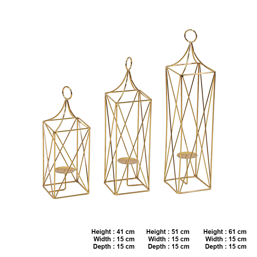 Metal 3'Lü Set Dekoratif Mumluk Fener Gold