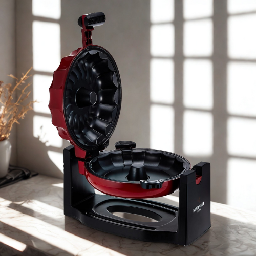 Red and black cake maker on a marble surface with sunlight casting shadows.