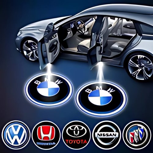 Car with open doors and BMW logos projected on the ground, surrounded by other car brand logos.