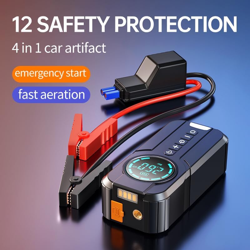 Car jump starter with emergency start and fast aeration features on a gradient background