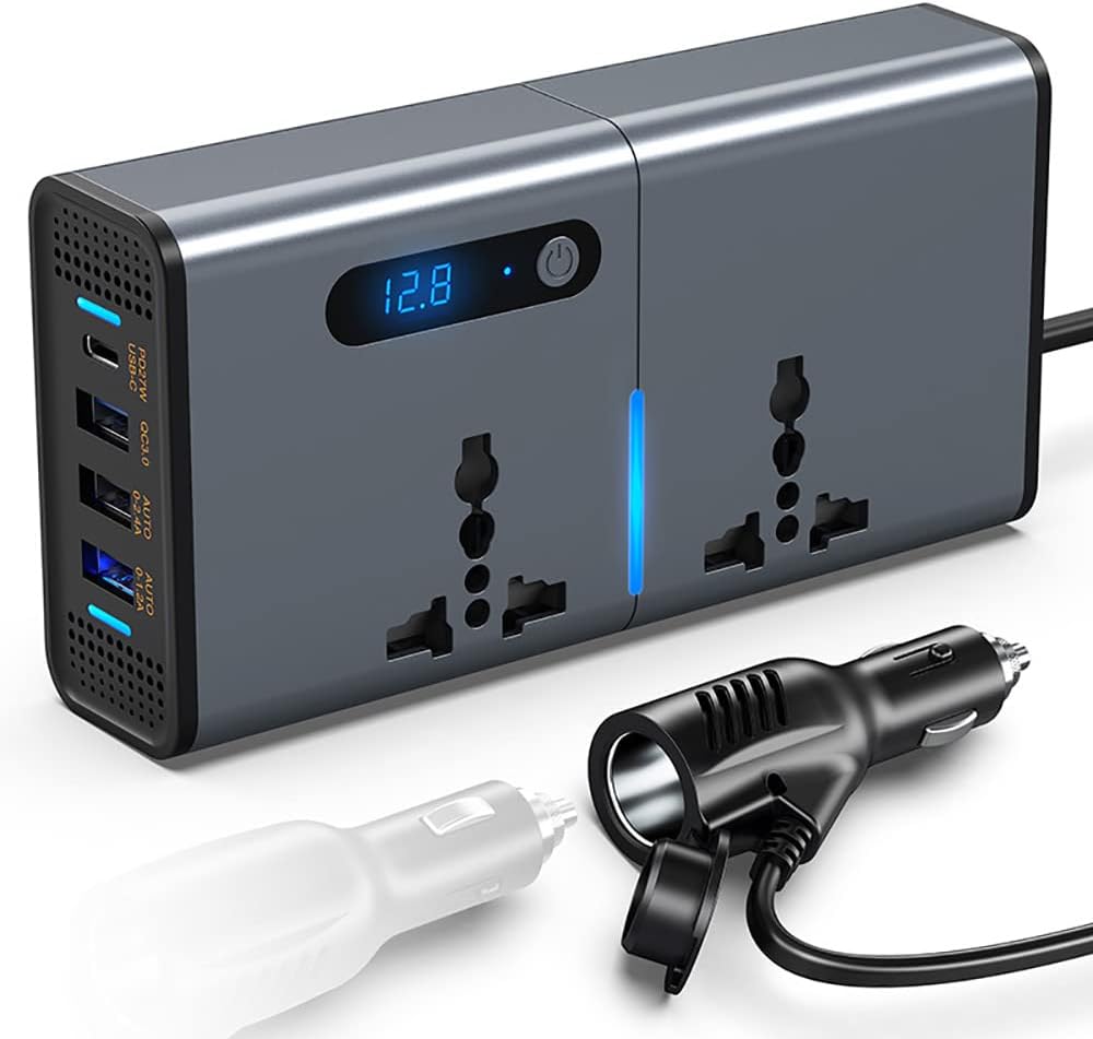Power station with multiple outlets and USB ports, including a car charger, on a white background.