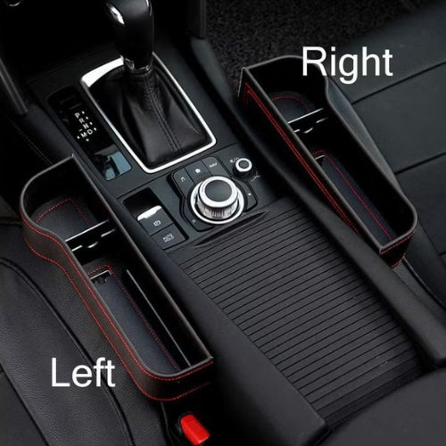 Car interior with cup holder and gear shift area labeled 'Left' and 'Right'.