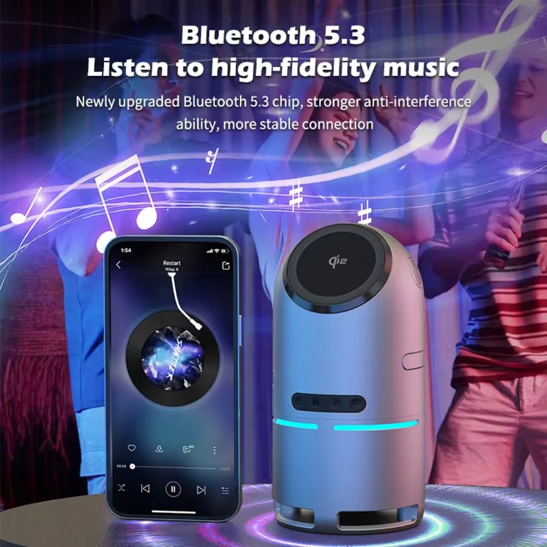 Bluetooth speaker with smartphone displaying music app, surrounded by people in a party setting.