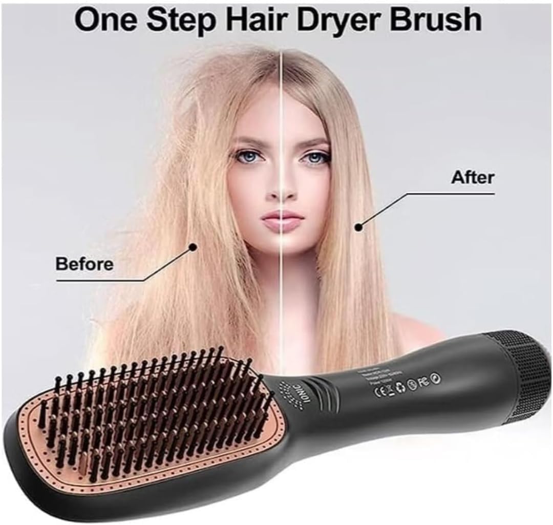 Hair dryer brush with 'Before' and 'After' comparison on a woman's hair, against a gray background.