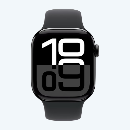Black smartwatch with digital display on a white background