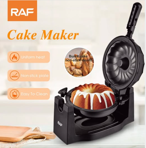 Cake maker with a bundt cake inside, featuring RAF branding and text about features.