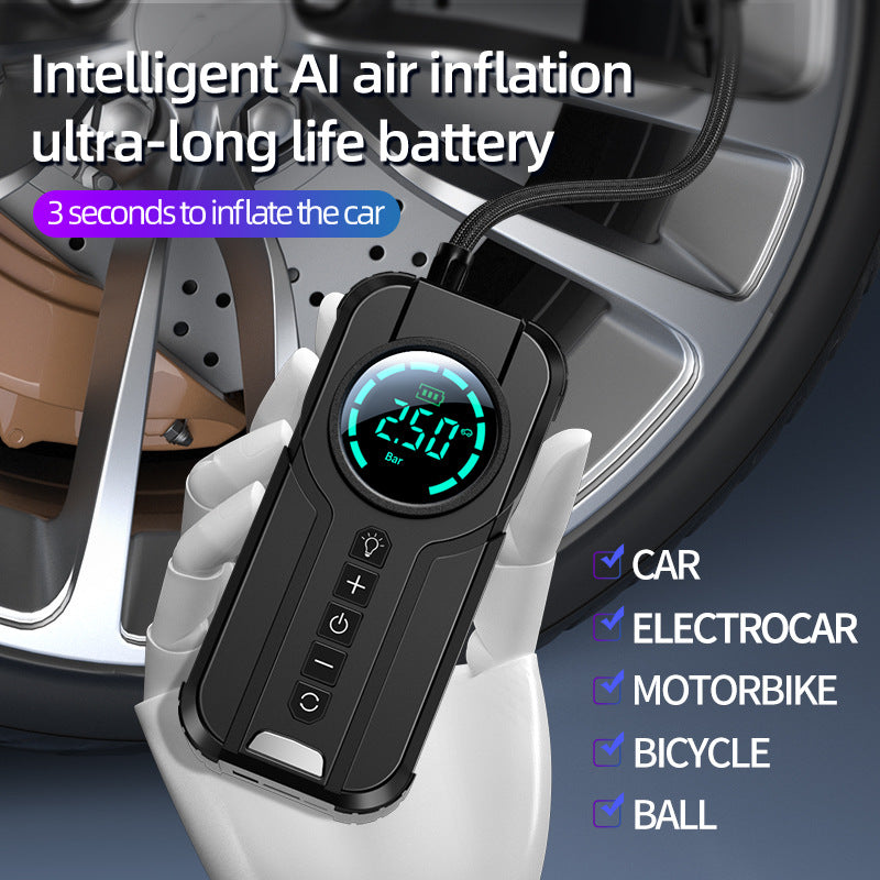 Portable air compressor with digital display held by a hand, with text about intelligent AI air inflation and ultra-long life battery.