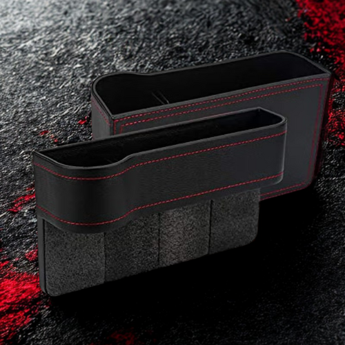Black car organizer with red stitching on a dark textured background