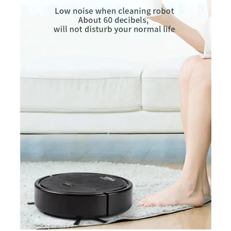 Robot vacuum cleaner on a carpet with text about low noise level