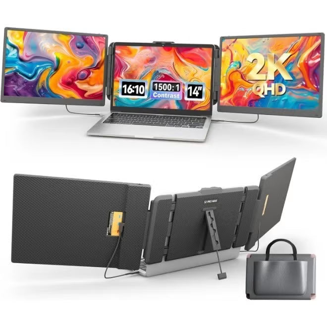 Foldable laptop stand with multiple screens displaying colorful graphics on a white background