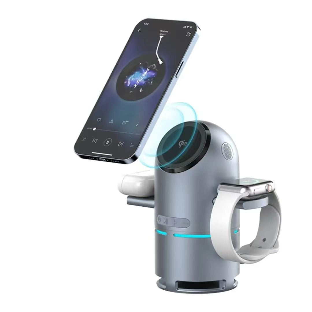Multi-device charging station with smartphone, smartwatch, and phone case on a white background