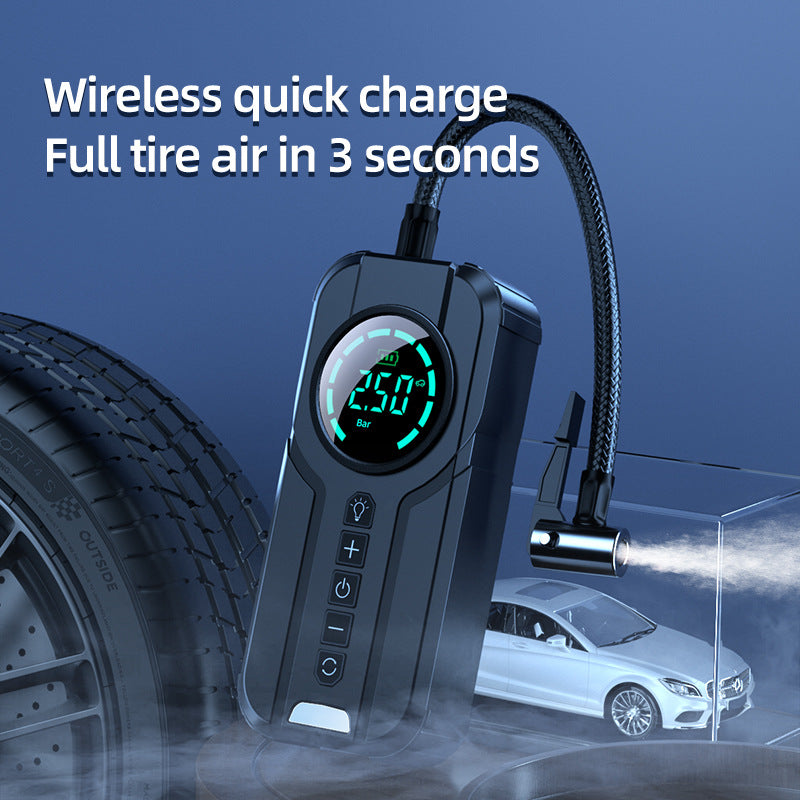 Digital tire inflator with wireless quick charge feature on a blue background