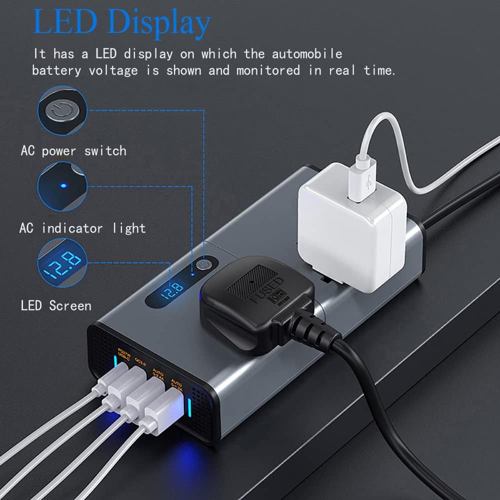 Power adapter with LED display and multiple cables on a dark background