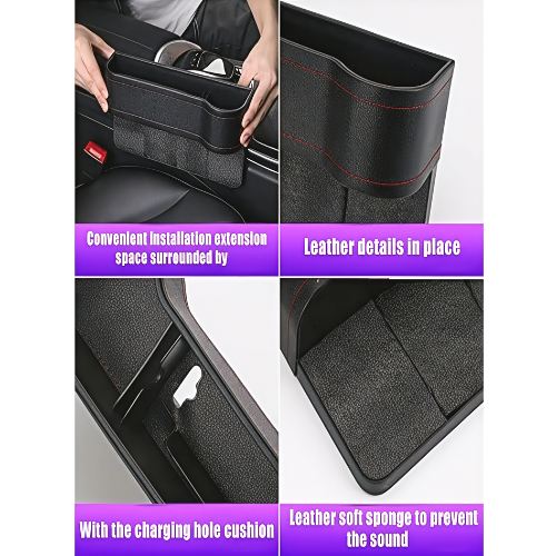 Car organizer with leather details and cushioning features, held by a hand.