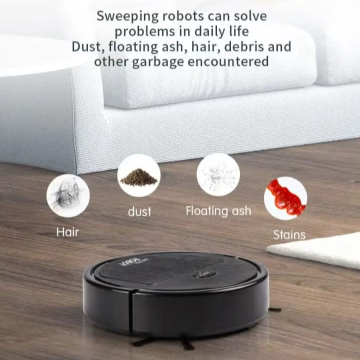 Robot vacuum cleaner on a wooden floor with cleaning capabilities highlighted.