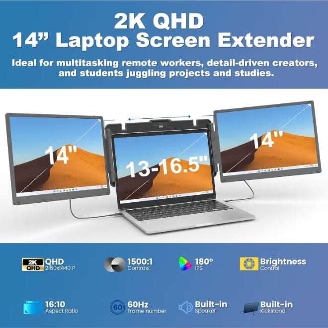2K QHD 14" Laptop Screen Extender with laptops displaying desert landscape on screen.