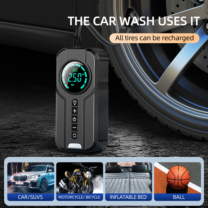Tire pressure monitor with digital display in front of a car tire, showing its versatility for various uses.