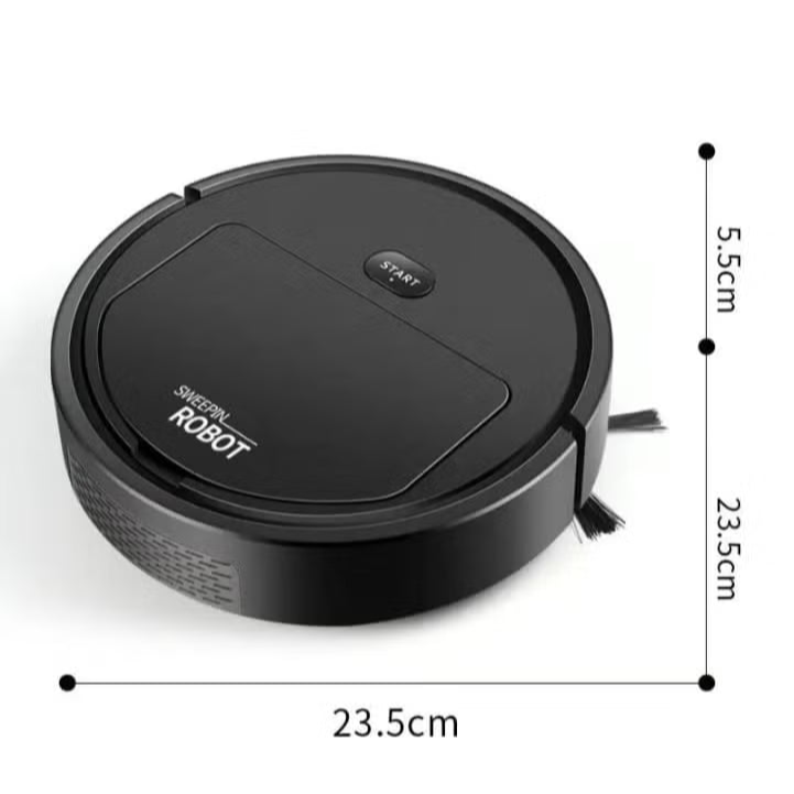 Black robot vacuum cleaner with dimensions labeled on a white background