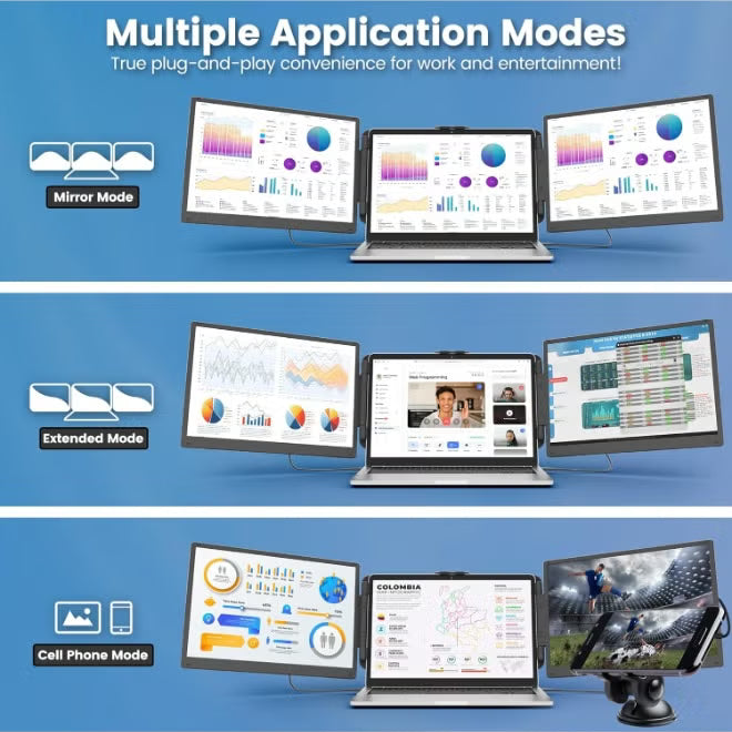 Multiple application modes on a blue background with screens displaying different content.