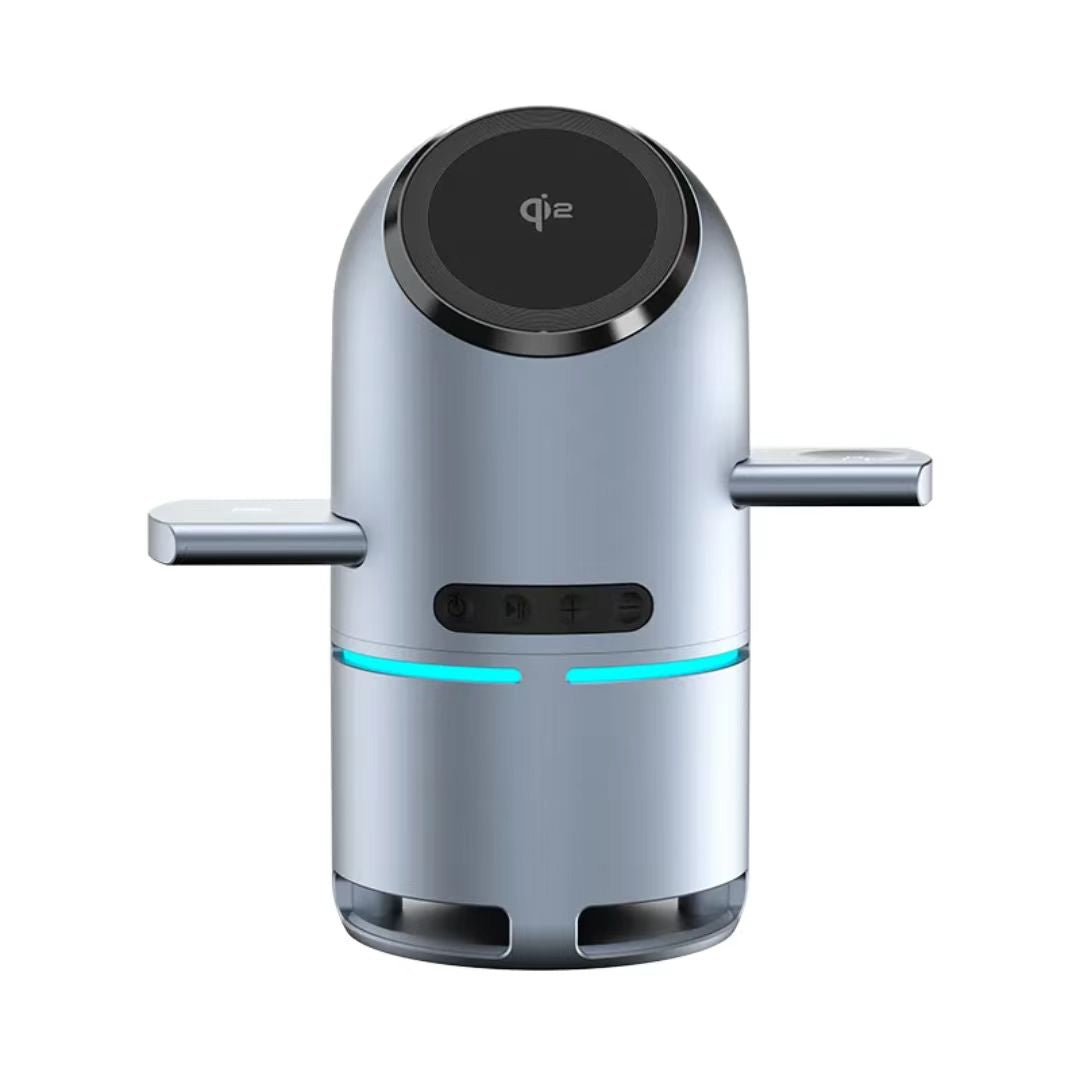 Silver electronic device with Qi charging pad on a white background