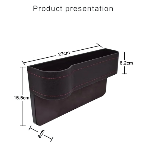 Black car organizer with dimensions on a white background