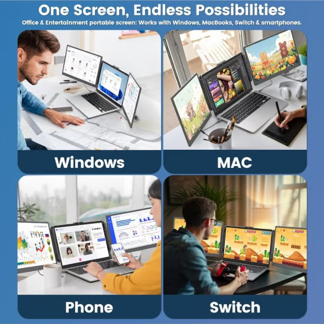 Collage of people using a portable screen with text 'One Screen, Endless Possibilities' on a blue background.