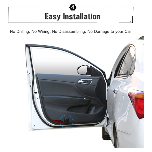 Car door open with a focus on installation ease, no drilling or wiring required.