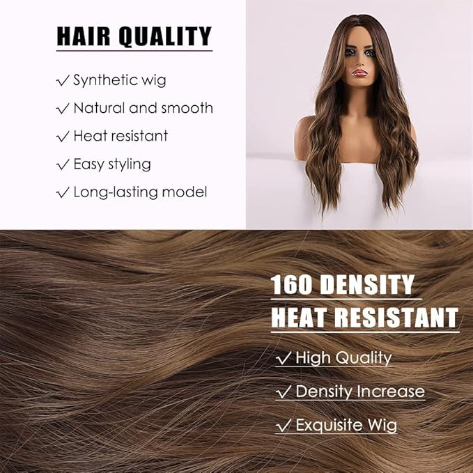 Brown Wig for Women, Long Wavy Ombre Wig