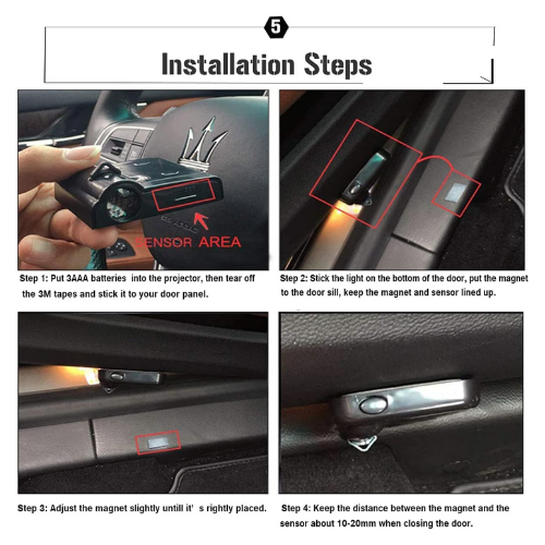 Installation steps for a car security device with text and diagrams.