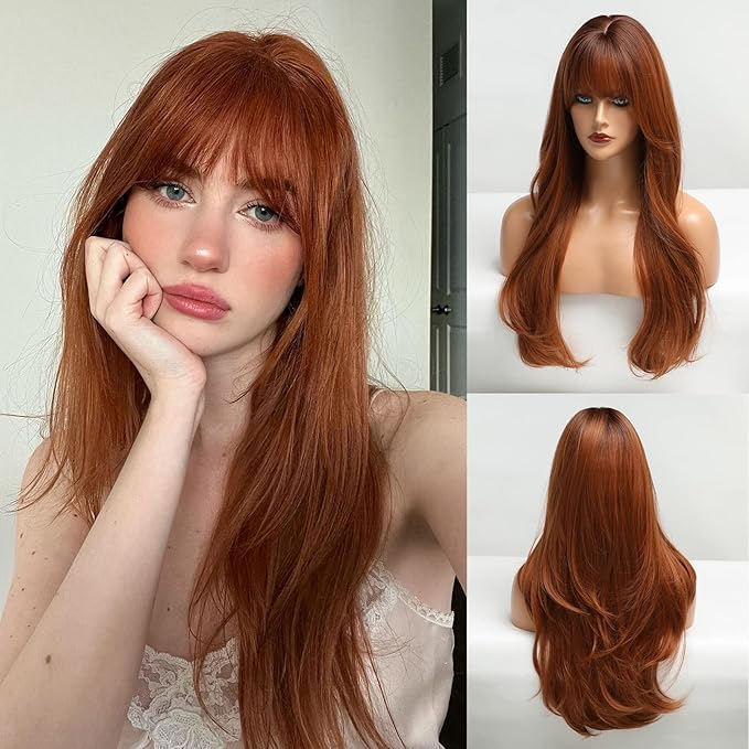 HAIRCUBE Long Auburn Wig with Bangs Layered Curly Orange Wigs