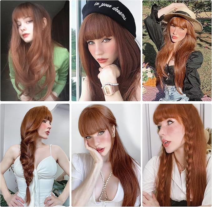 HAIRCUBE Long Auburn Wig with Bangs Layered Curly Orange Wigs