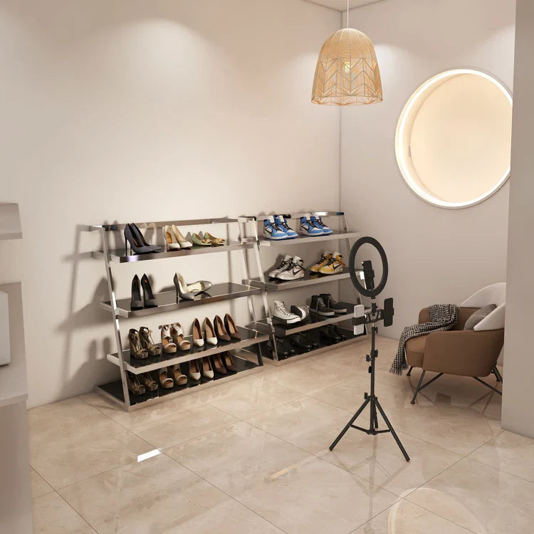 Display Stand, Stainless Steel with 3 Black MDF Shelves