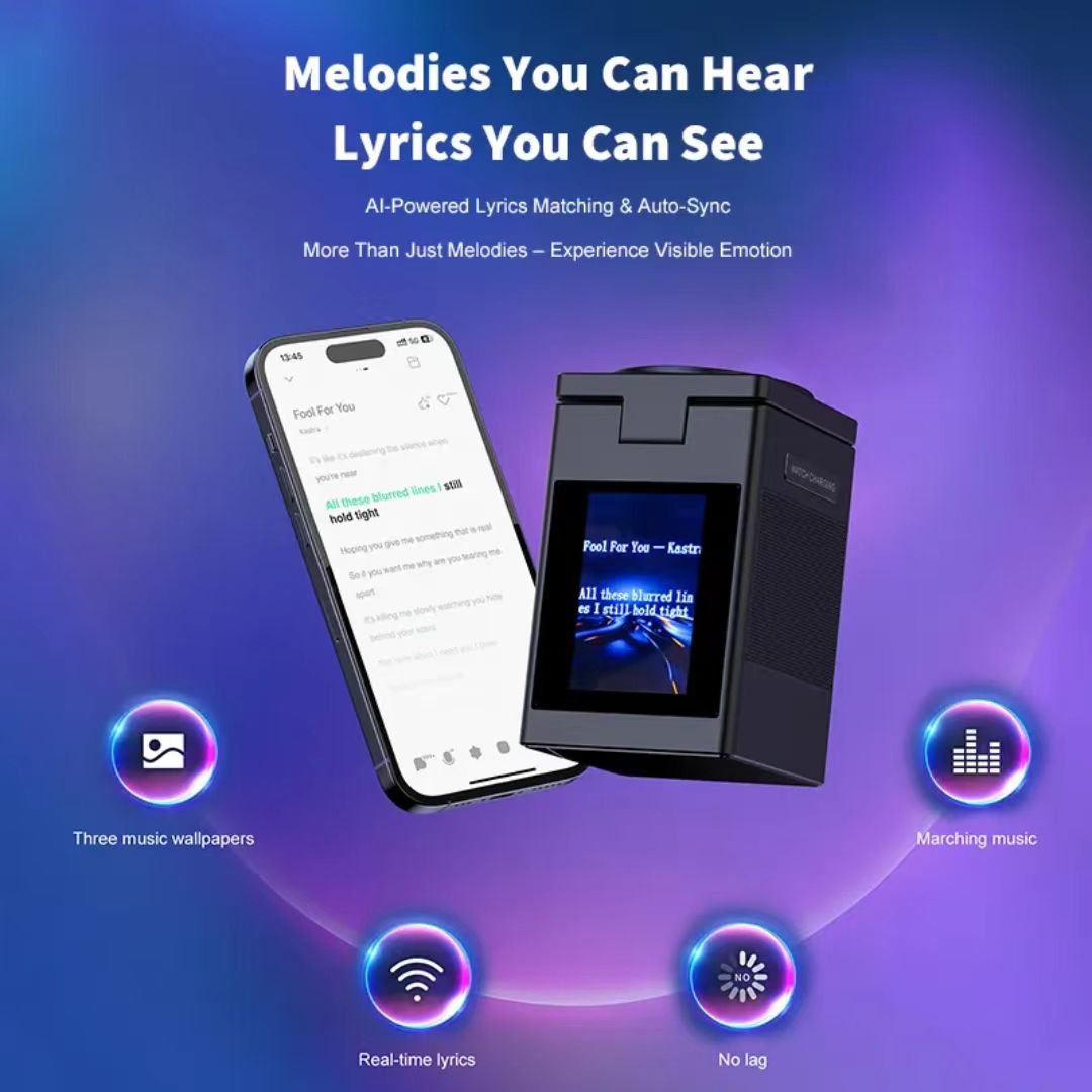 Product with smartphone displaying lyrics and text about AI-powered lyrics matching on a blue and purple gradient background.