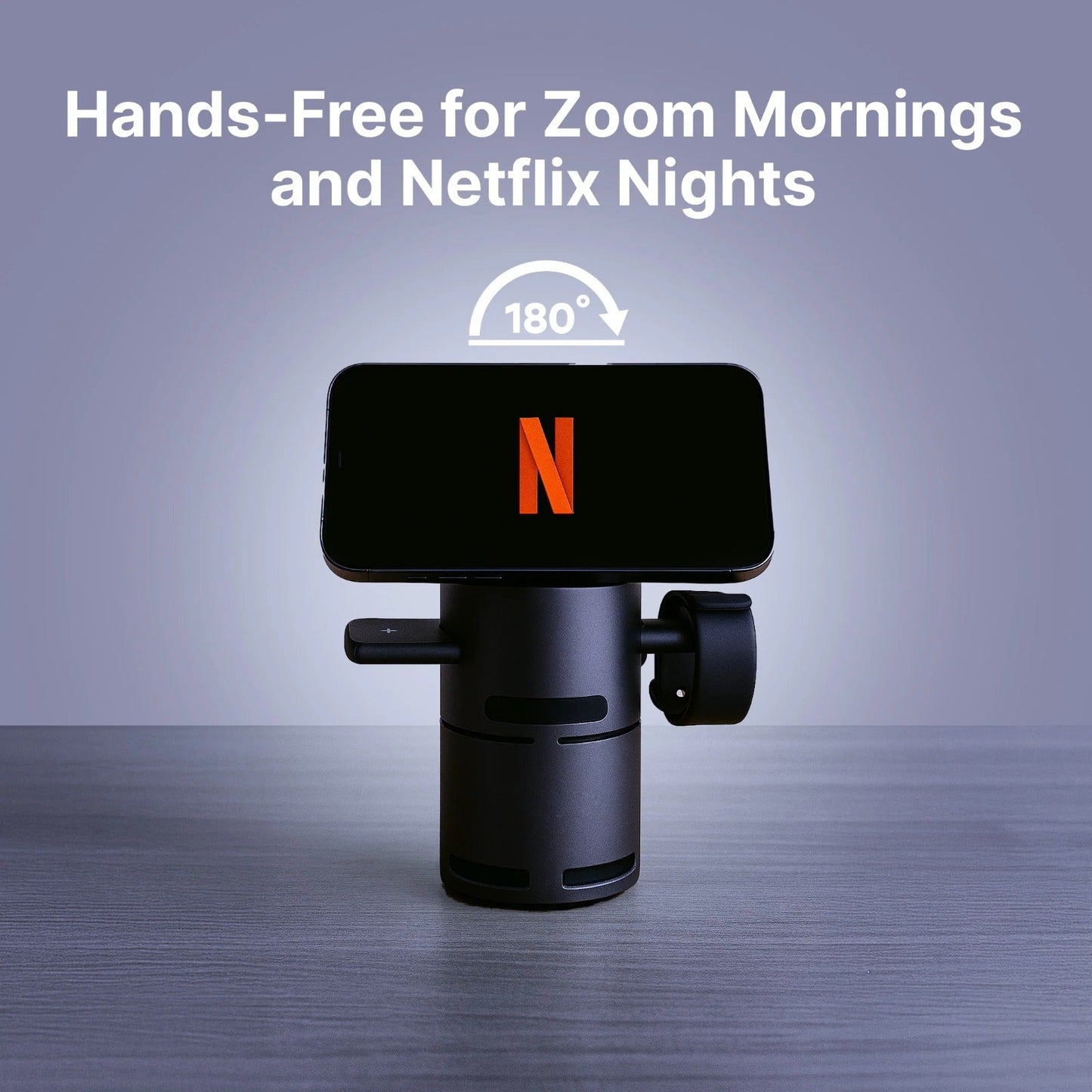 Phone mount with Netflix logo on a gray background