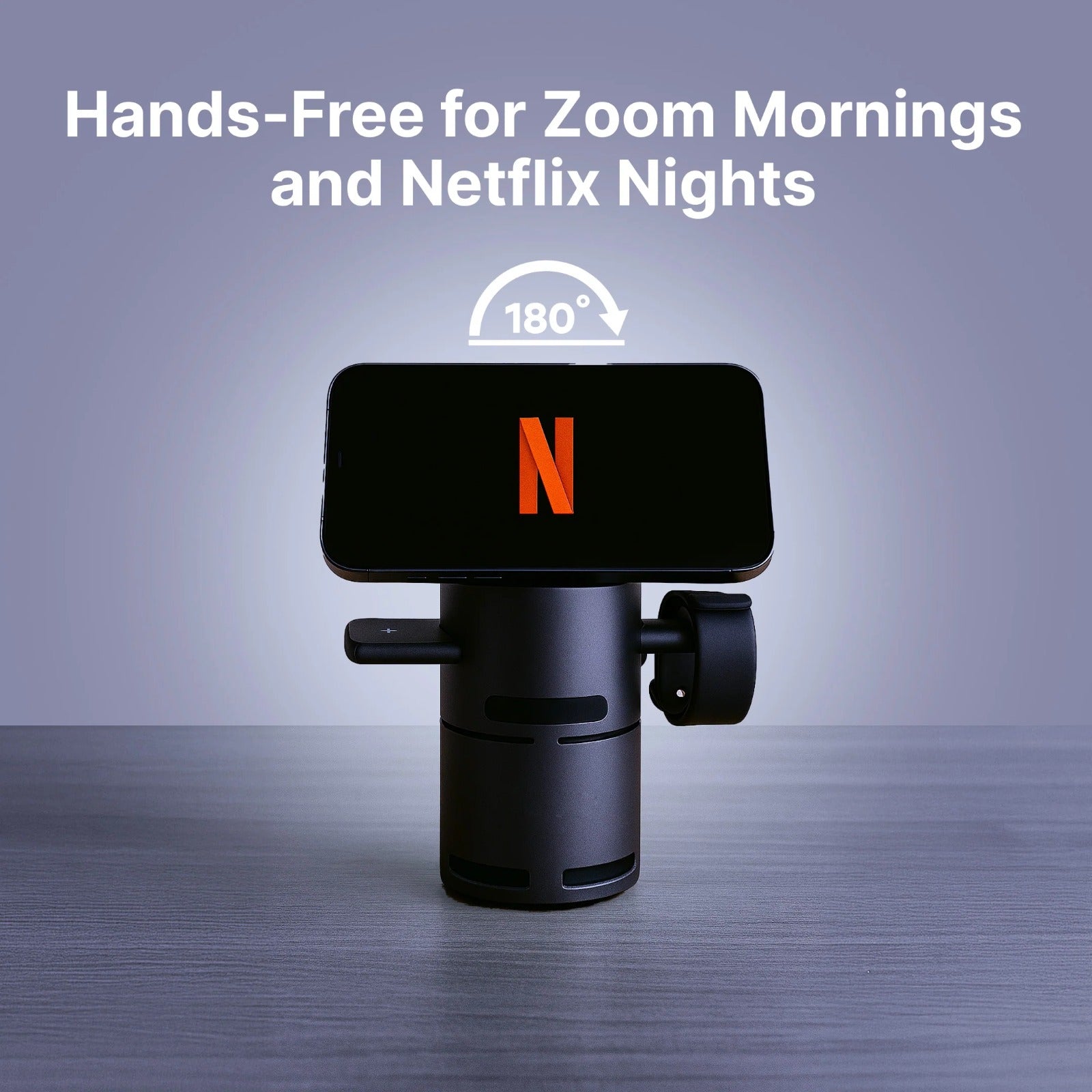 Phone mount with Netflix logo on a gray background